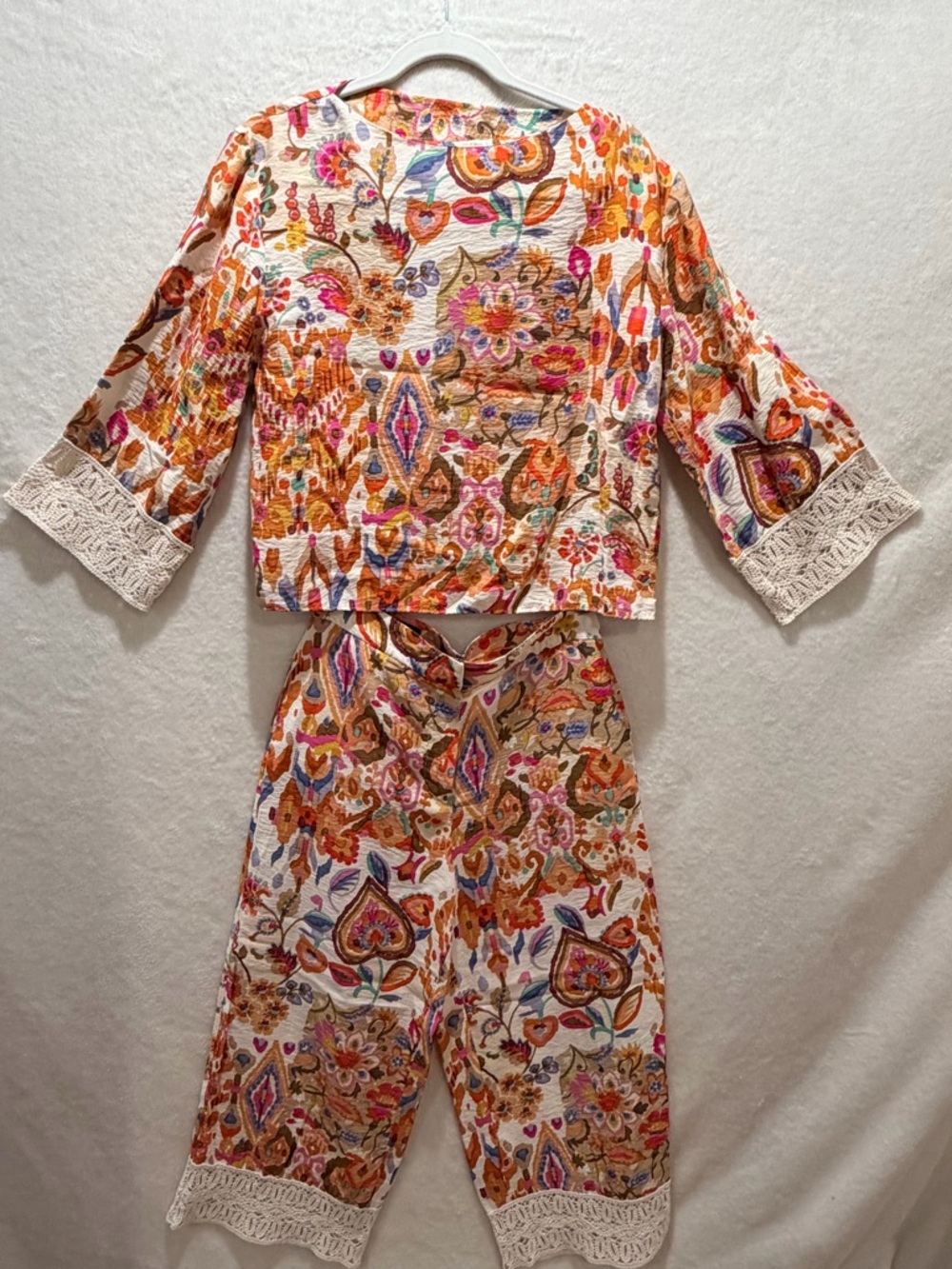 Zara boho resort casual matching set printed crop top wide leg pants small - Picture 9 of 13